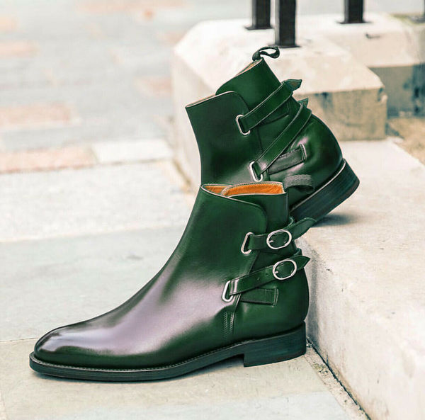 Men's Shoes Handmade Leather Formal Casual Green Buckle Ankle High Boots