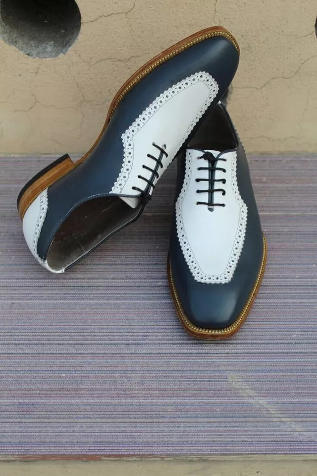 Formal Shoes Men Handmade Leather Two Tone Blue & White Lace Up Oxfords