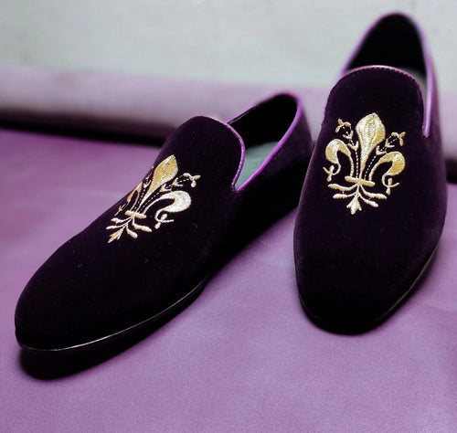 Men Dress shoes handmade genuine purple velvet loafer moccasin slip on