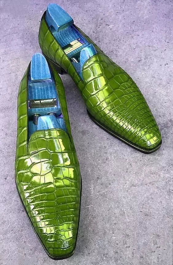 Men's Shoes Green Crocodile Texture Leather Moccasin Dress Loafer Wedding Boots