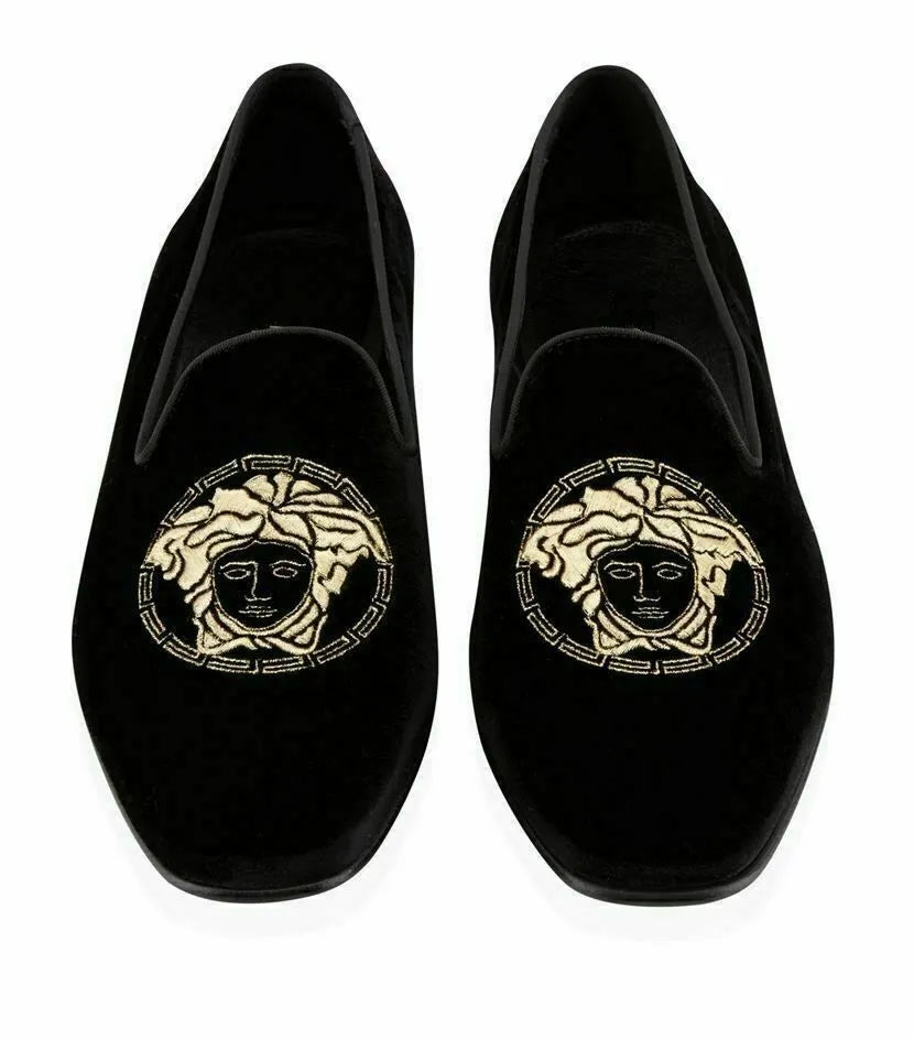 Men Handmade Black Velvet Embroidered Loafers Party Slipper Formal Casual Shoes