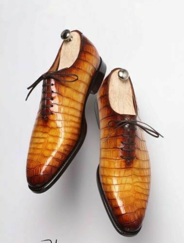 Men's Handmade Tan Crocodile Pure Leather Texture Lace up Formal Dress Shoes