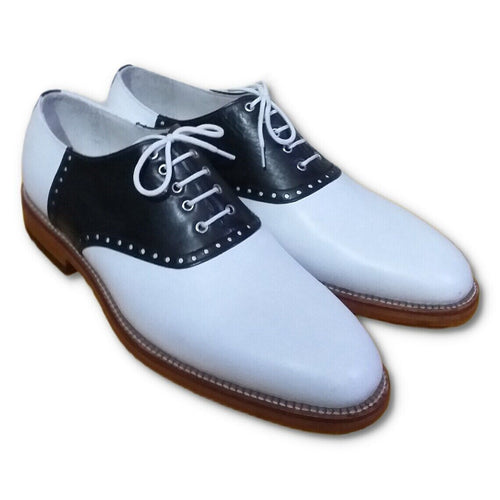 Men's Handmade Two Tone White & Black Leather Oxford Brogue Lace Up Shoes