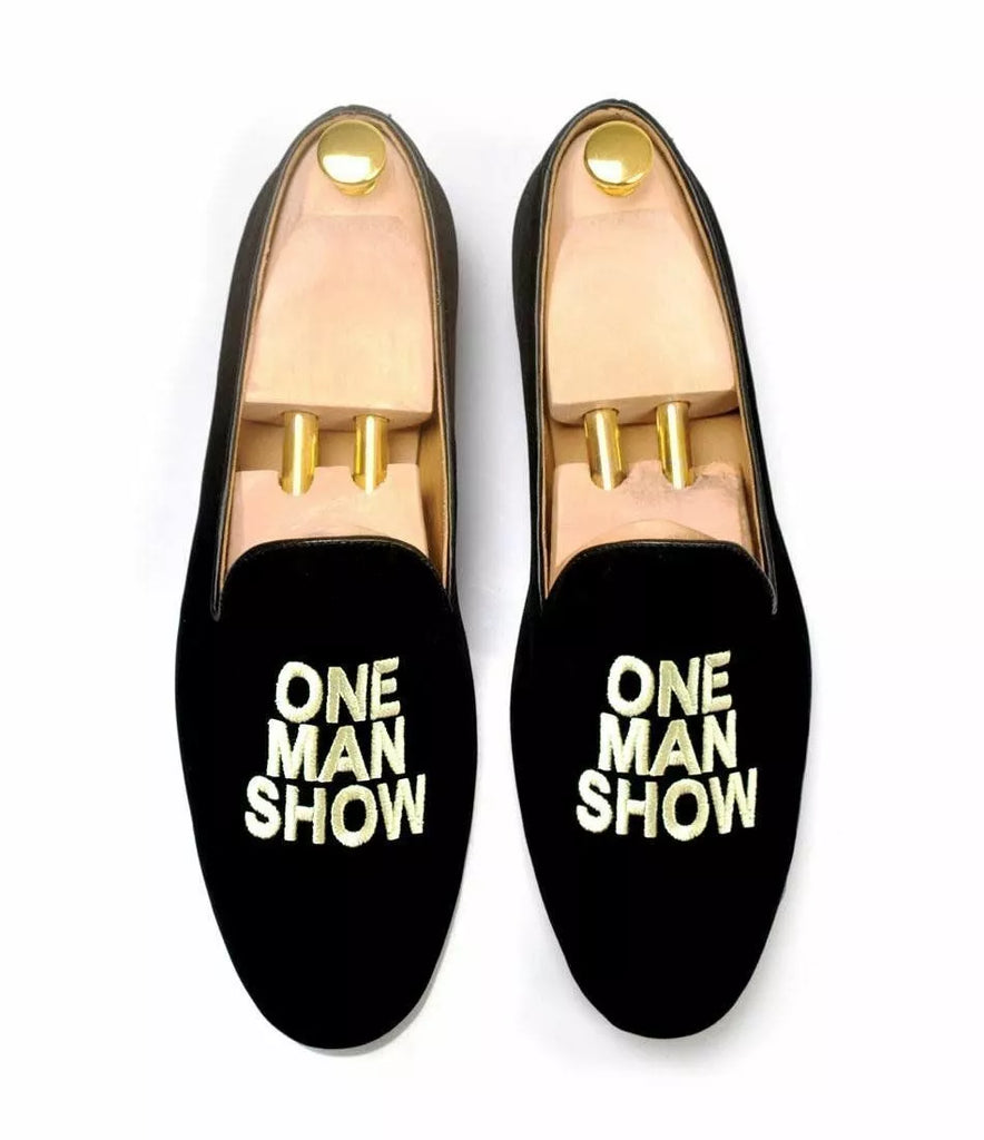 Men's Shoes Handmade Black Velvet Embroidered One Man Show Slip On Loafers