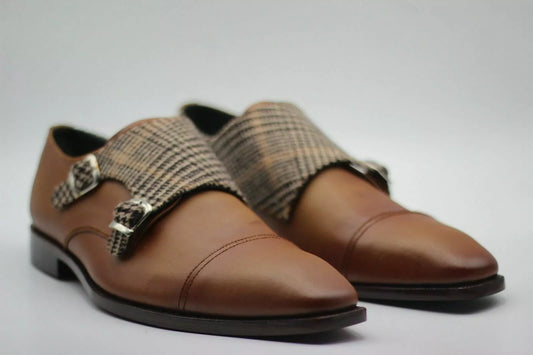 Men Handmade Shoes Two Tone Brown Leather & Fabric Double Monk Toe Cap Formal