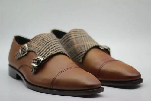 Men Handmade Shoes Two Tone Brown Leather & Fabric Double Monk Toe Cap Formal
