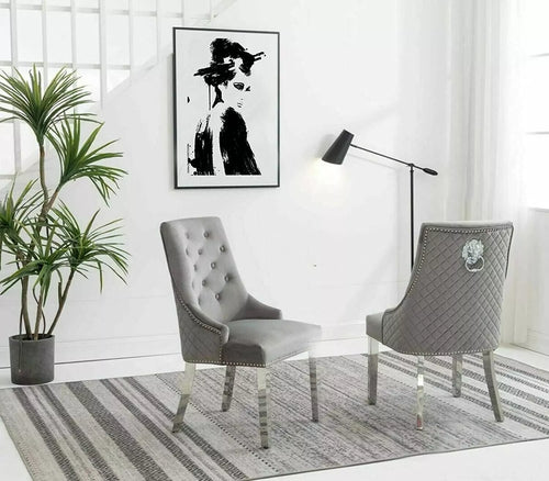 Dining Chair Set Of 2 Velvet Chairs Lion Knocker High Back Chrome Leg Dark Grey