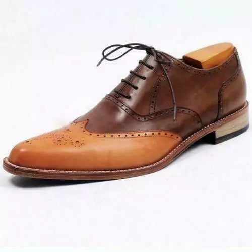 Men Handmade Shoes Oxford Brogue Wingtip Tan & Brown Leather Formal Dress Boots