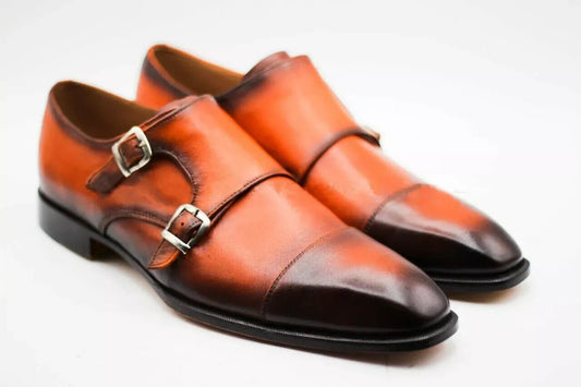 Mens Handmade Shoes Genuine Tan Shaded Leather Double Monk Strap Toe Cap Formal