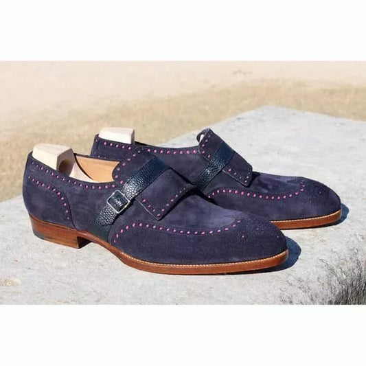 Men Shoes Handmade Leather Suede Blue Wing Tip Brogue Monk Strap Dress Shoe