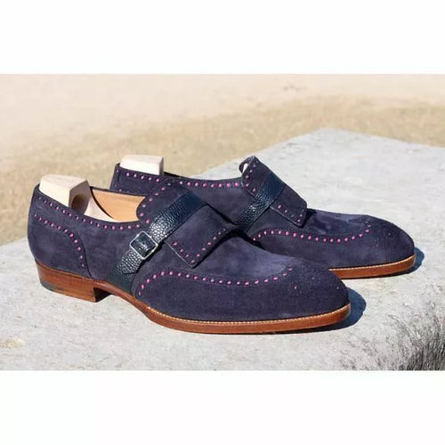 Men Shoes Handmade Leather Suede Blue Wing Tip Brogue Monk Strap Dress Shoe