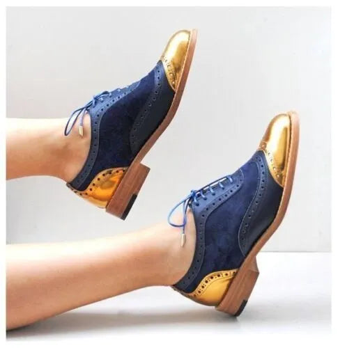 Handmade Women's Gold Patent and Blue Suede Oxford Brogue Lace up Wingtip Shoes