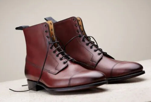 Handmade men brown leather high ankle smart dress boots