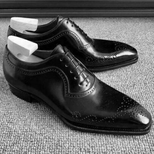 Men's Handmade Black Leather Lace-Up Shoes, Custom Leather Oxford Formal Shoes