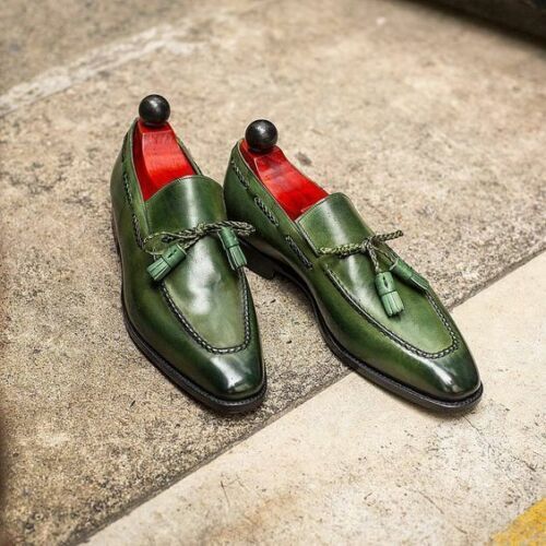 Men's Leather Shoes Handmade Real Moccasin Green Tassels Formal Dress Shoe