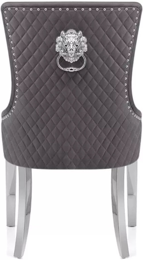 Set of 2 Chairs Bentley Majestic dark grey Velvet Lion Head Knocker back Chrome