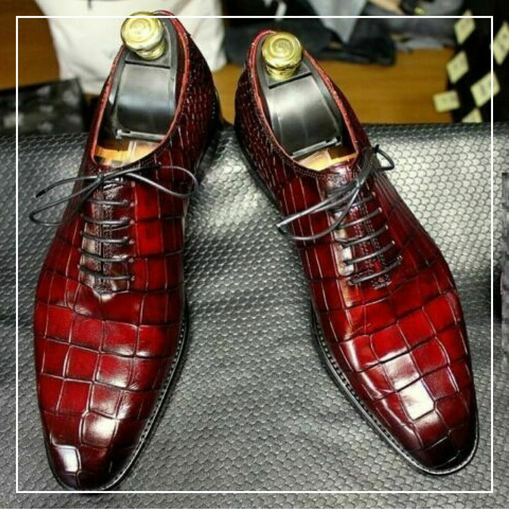 Men Handmade Shoes Burgundy Leather Crocodile Patterned Lace up Formal Boot New