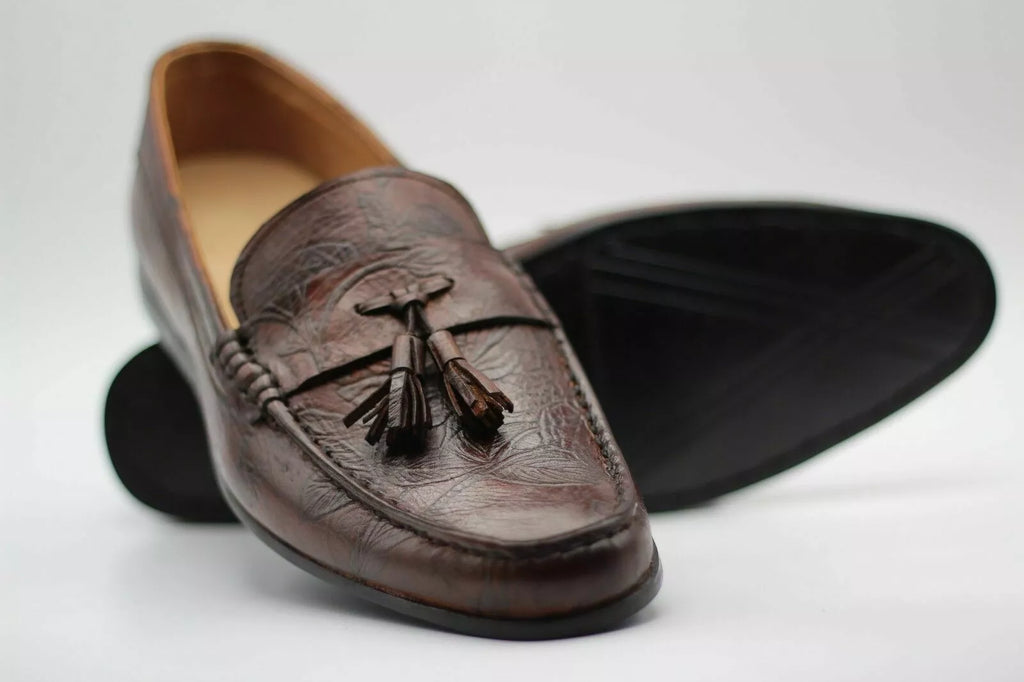 Men Handmade Shoes Brown Printed Leather Tassels Moccasin Slip On Formal Dress