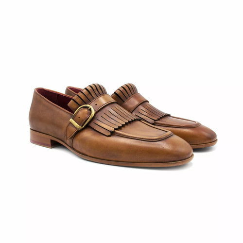 Handmade Tan Brown Leather Moccasin Shoes with fringes and monk strap