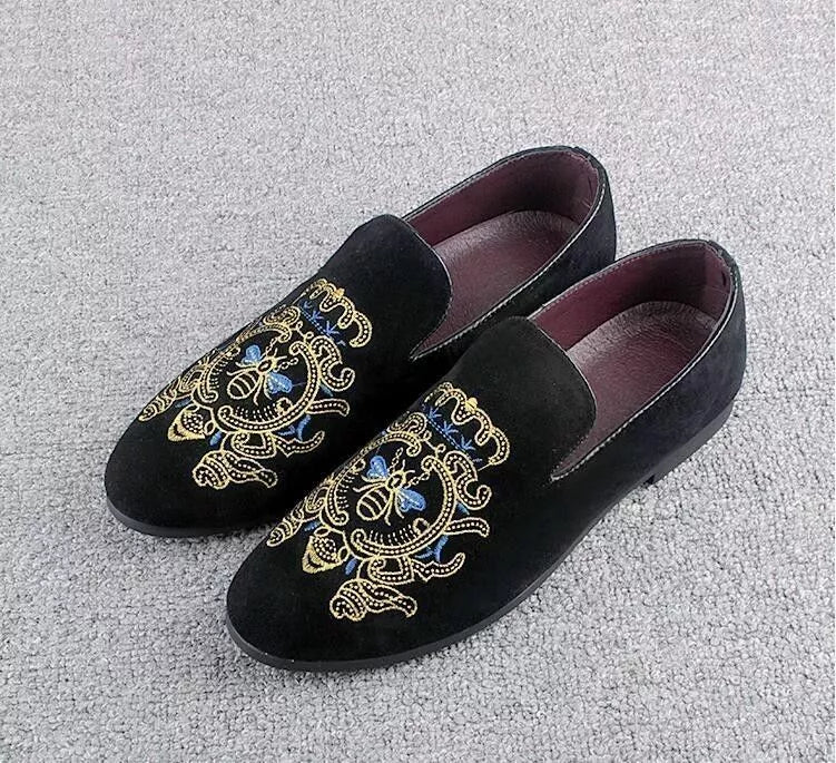 Men Handmade Spring Velvet Loafers Party Embroidered Slippers Driving Moccasins