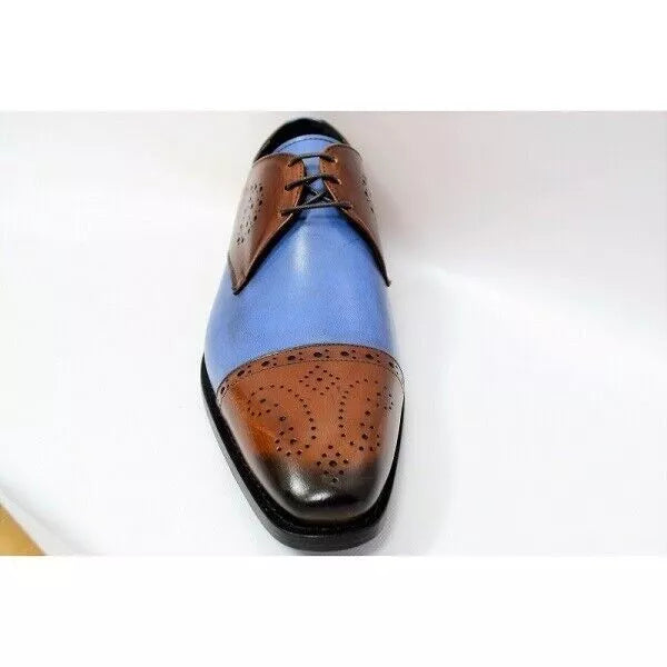 Men's Shoes Handmade Formal Casual Brown Blue Burnished Brogue Cap Toe Lace up