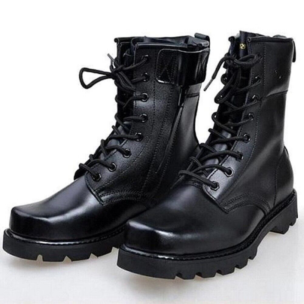 Men Handmade Boots Black Military Combat Lace Up Army Outdoor Flat Long Shoes