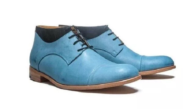 Men's Shoes Handmade Leather Blue Formal Casual Lace up Ankle High Boots