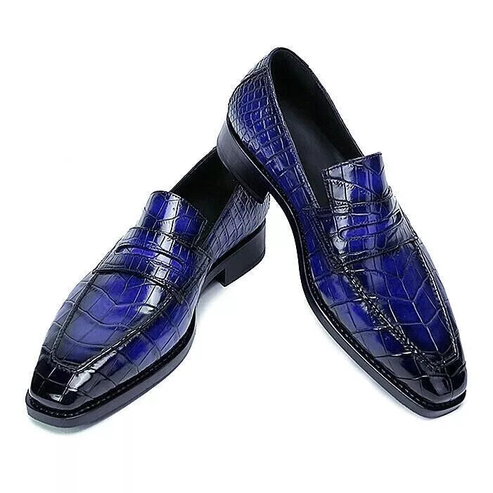 Men's Shoes Handmade Leather Blue Alligators Embossed Print Moccasin Loafer