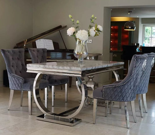 Marble Dining Table with 6 Charis Set Gloss Finish 1.8m Grey Mirrored Lion Head