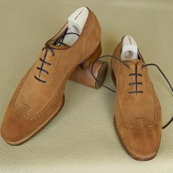 Men's Handmade Beige Suede Leather Wingtip Brogue Oxford Lace Up Formal Shoes