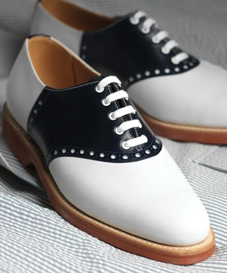 Men's Shoes White And Black Leather Oxford Lace Up Brogue Casual & Formal