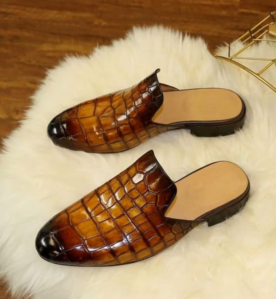 Men's Shoes Handmade Alligator Textured Leather Mules Formal Dress Slippers