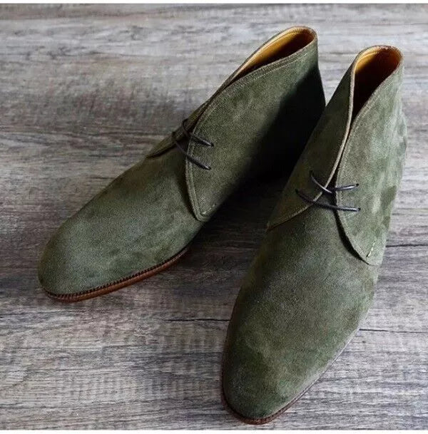 Men's Shoes Handmade Green Suede Formal Casual Chukka Dress Lace up Boots