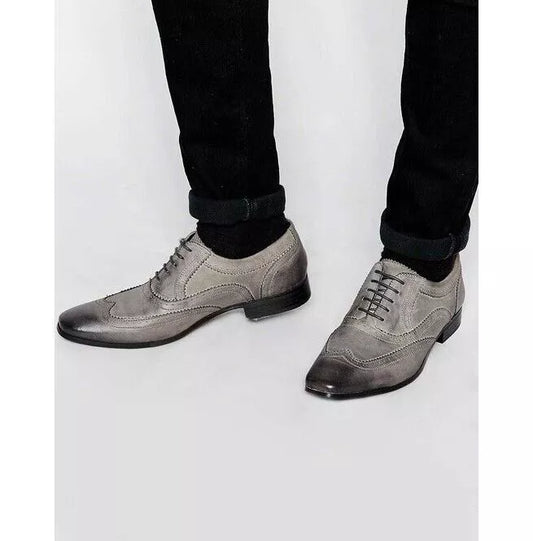 Men Shoes Handmade Leather Gray Wingtip Brogue Lace up Formal Casual Cap Toe