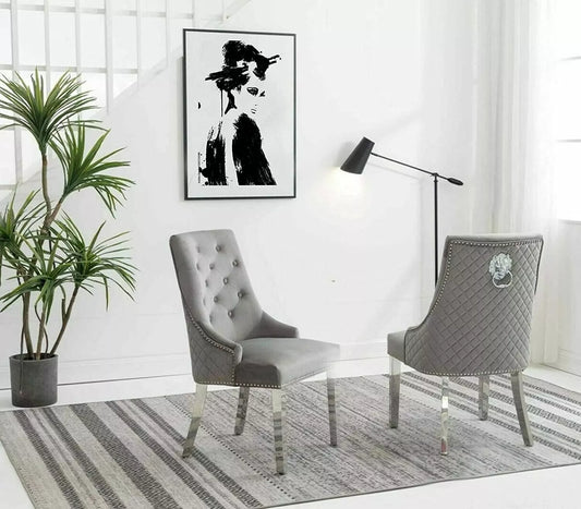 Dining Chair Set Of 2 Chairs Lion Knocker High Back Chrome Leg Cream Velvet