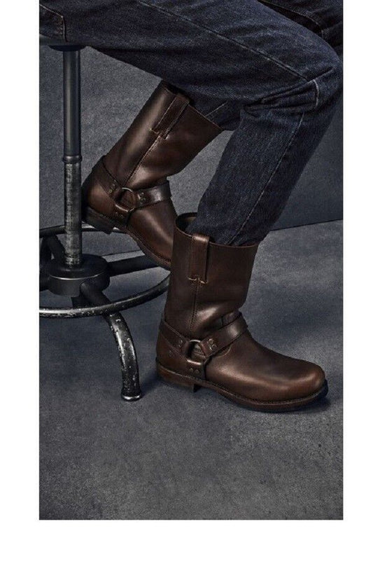 Men's Shoes Handmade Leather Brown Side Zipper ankle high Ring Buckle Boots