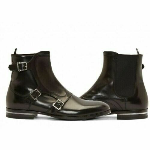 Men's Shoes Handmade Black Monk Triple Buckle Straps Derby Toe High Ankle Boots