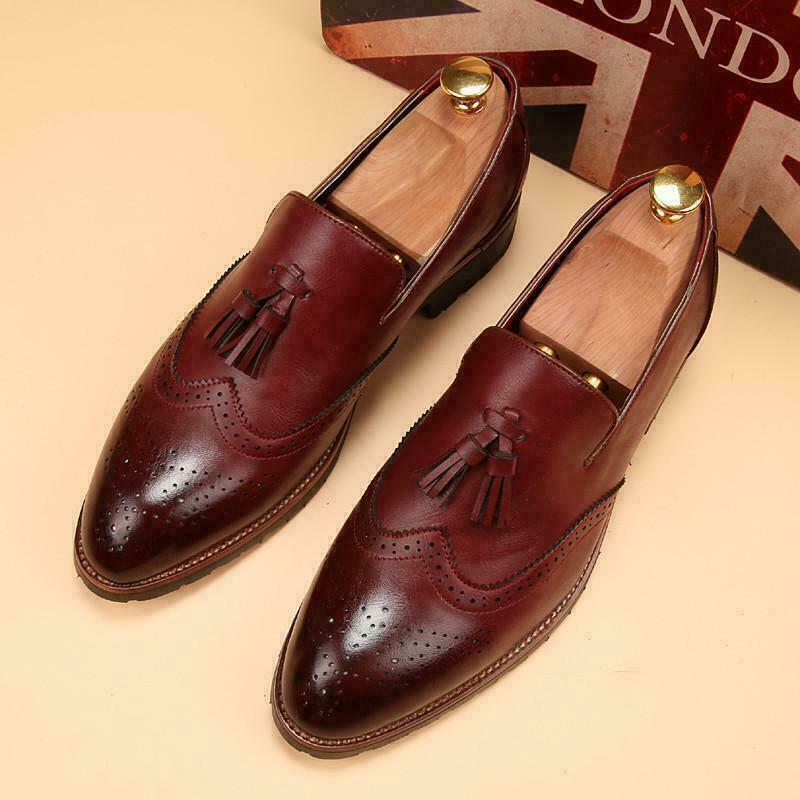 Men Handmade Boots Wingtip Tassels Burgundy Leather Formal Dress Slip On Shoes