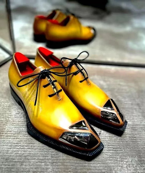 Men Shoes Handmade Leather Yellow Whole cut Brogue Formal Casual Lace up