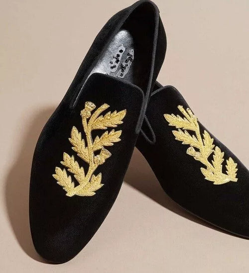 Men's Shoes Handmade Black Velvet Formal Casual Slip Ons Embroidered Loafers