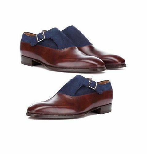 Men Handmade Shoes Monk Strap Buckle Burgundy Blue Two Tone Leather Dress Boots