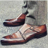 Men's Shoes Handmade Cowhide Leather Brown Double Monk Strap Brogue Wingtip