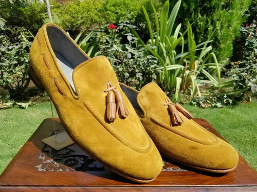 Men Handmade Shoes Genuine Tan Suede Loafers Slip-On Tassels Formal Casual Boots