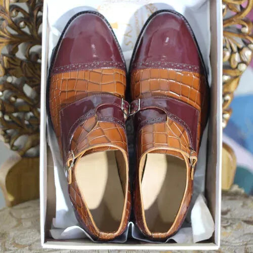 Men's Shoes Bespoke Handmade Stylish Burgundy, Tan Leather Dress for Monk Strap