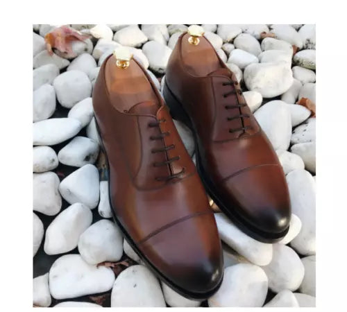 Handmade Men Brown Leather Lace up Oxford Formal Smart Office Dress Shoes