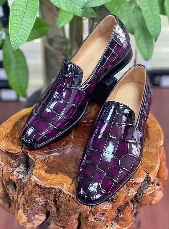 Men Shoes Handmade Leather Formal Purple Crocodile Texture Moccasin Slip On