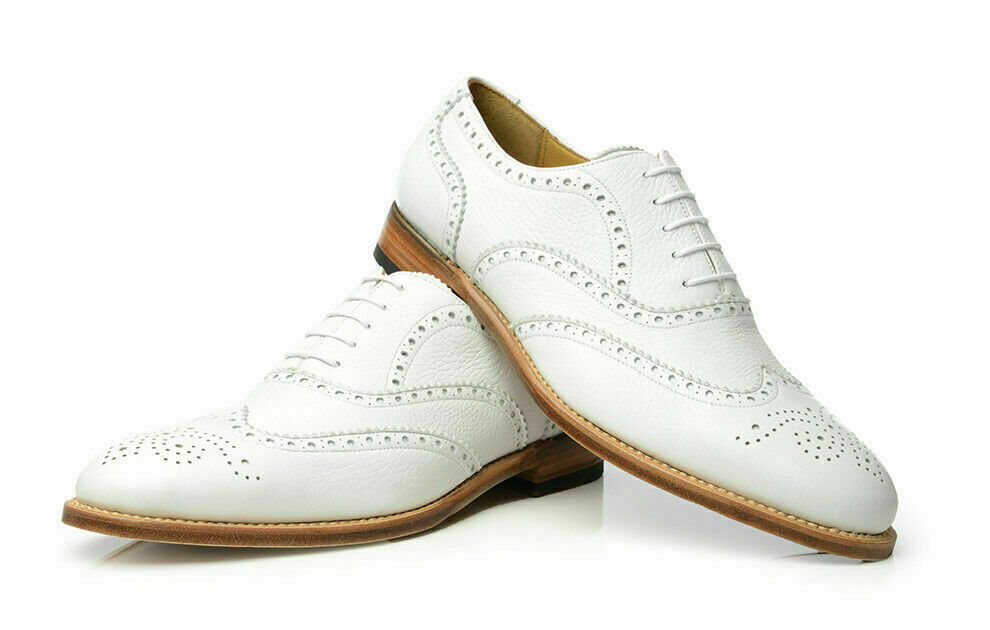 Men Handmade Shoes White Leather Wingtip Lace Up Formal Wear Casual Brogue Boot