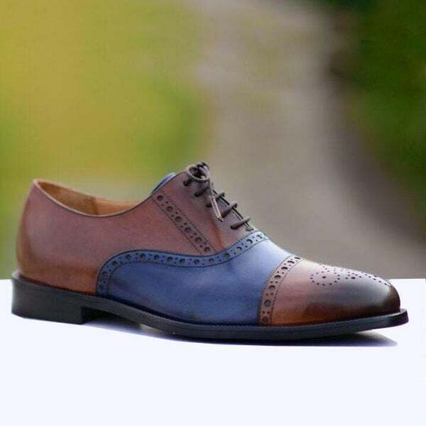 Handmade Men Brown & Blue Leather Brogue Smart Lace up Formal Dress Shoes