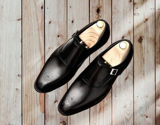 Premium Quality Black Leather Single Monk Strap Brogue Party Wear Shoes