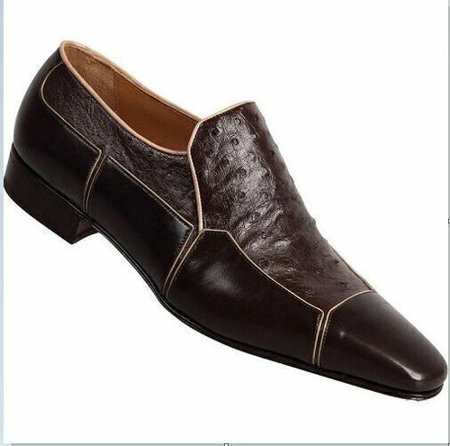 Men's Shoes Handmade Leather Ostrich Brown Casual Formal Pointed Toe Slip Ons
